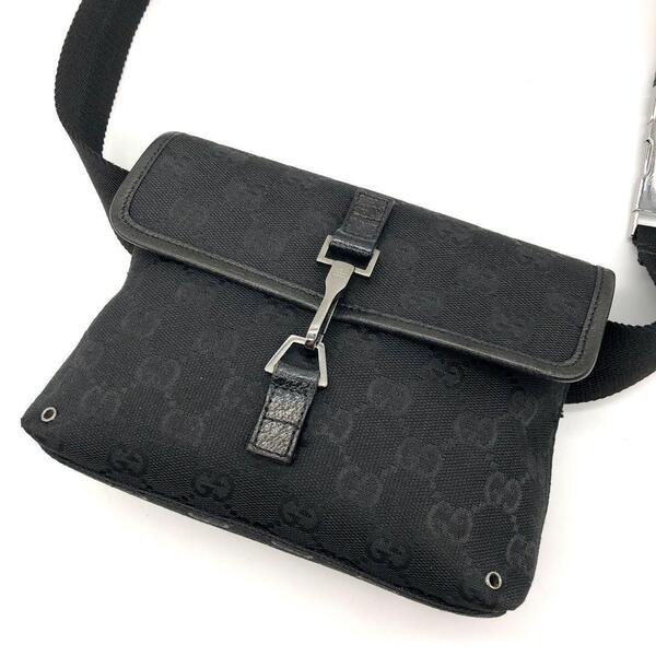 【美品】GUCCI グッチ ボディバッグ ウエストバッグ ウエストポーチ ショルダーバッグ GGキャンバス レザー ジャッキー 斜め掛け ブラック