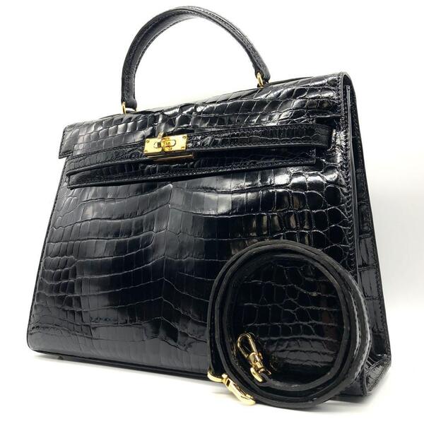 【美品】Genuine Crocodile シャイニークロコ ハンドバッグ 2way ショルダーバッグ センター取り シャイニング ベルトデザイン 黒 肩掛け