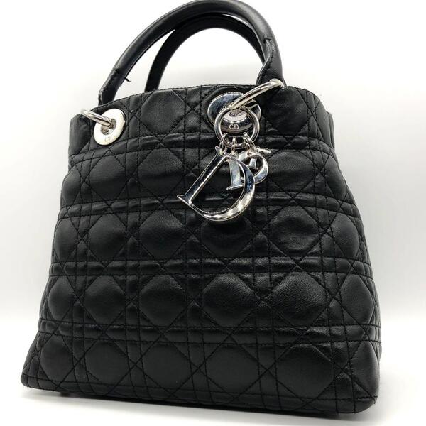 【美品】Christian Dior クリスチャンディオール レディディオール ミニトートバッグ カナージュ キルティング ラムスキン ロゴチャーム 黒