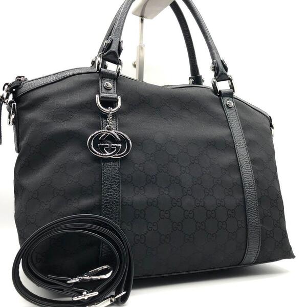 【希少】GUCCI グッチ ハンドバッグ 2way ショルダーバッグ ナイロン GG チャーム スーキー インターロッキング 手持ち 肩掛け 斜め掛け 黒