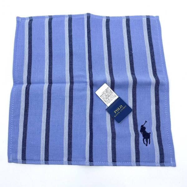 【タグ付き未使用品】POLO RALPH LAUREN ポロ ラルフ ローレン タオルハンカチ ハンドタオル ストライプ ロゴ刺繍 ブルー系 綿 コットン