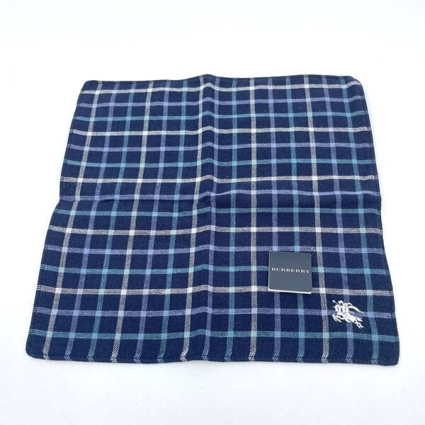 【タグ付き未使用品】BURBERRY バーバリー タオルハンカチ ハンドタオル チェック柄 ホースロゴ 騎士 ネイビー×ブルー×ホワイト 綿