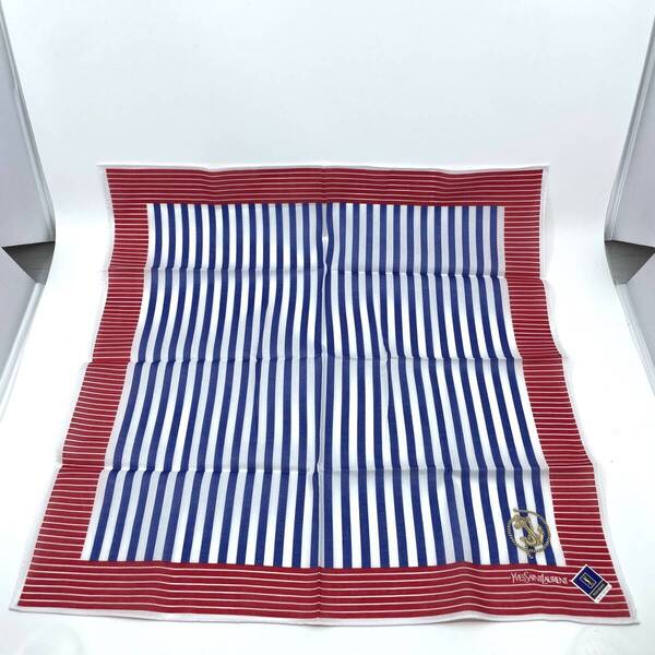 【シール付き未使用品】Yves Saint Laurent イヴサンローラン ハンカチ バンダナ レッド×ブルー ストライプ ボーダー 夏 マリン 錨 刺繍