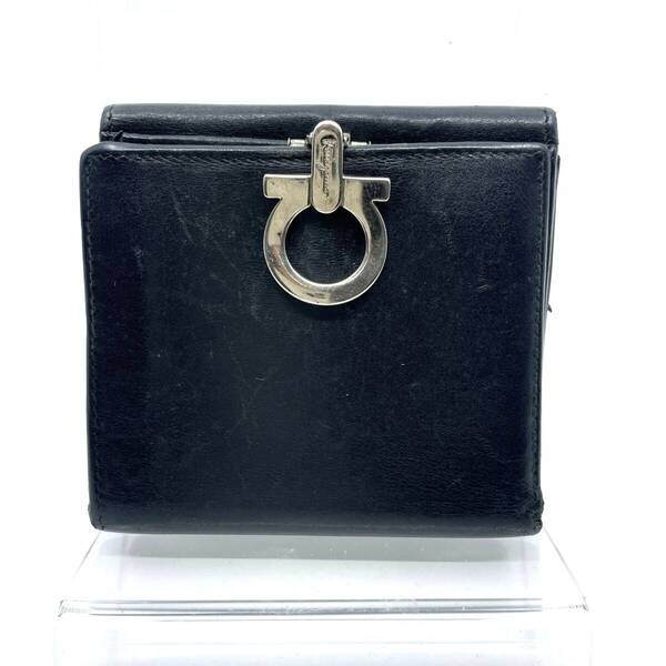 Salvatore Ferragamo サルヴァトーレ フェラガモ 二つ折り 財布 Wホック ガンチーニ ロゴ金具 ブラック×シルバー レザー 226593