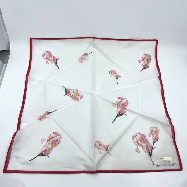 【シール付き未使用品だが保管ダメージ有り】HANAE MORI ハナエモリ ハンカチ バンダナ 花柄 フラワー レッド×ピンク ラグジュアリー 綿