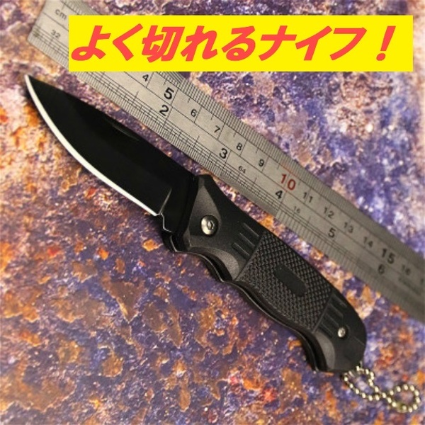 便利な折りたたみナイフ! ポケットナイフ サバイバルナイフ 小型ナイフ キーチェーン付き ブラック
