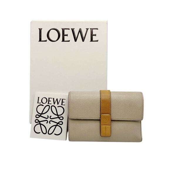 【良品】ロエベ LOEWE バーティカルウォレット スモール 三つ折り財布 アナグラム ベージュ
