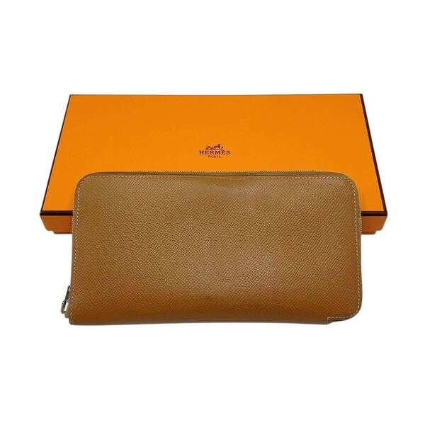 【良品】エルメス HERMES アザップロング シルクイン ラウンドファスナー 長財布 ブラウン