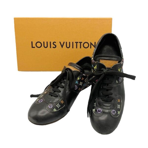 【良品】ルイヴィトン LOUIS VUITTON マルチカラー モノグラム フラワー LV ロゴ レザー スニーカー ローカット ブラック