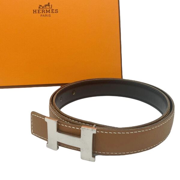 【美品】エルメス HERMES ミニ コンスタンス Hベルト 70 ブラック ブラウン シルバーバックル レディース