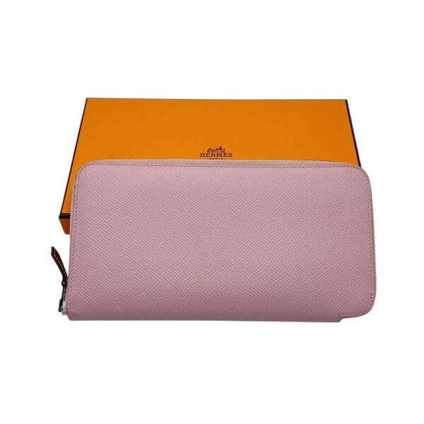 【美品】エルメス HERMES アザップロング シルクイン ラウンドファスナー長財布 レザー ピンク
