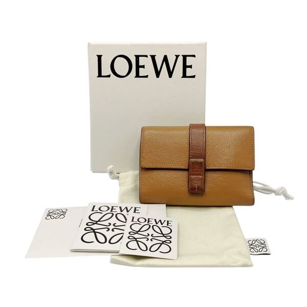 【良品】ロエベ LOEWE バーティカルウォレット スモール 三つ折り財布 アナグラム ブラウン レッド