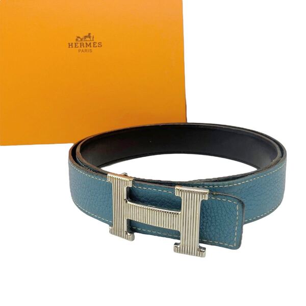 【良品】エルメス HERMES コンスタンス Hストリエ 90 Hベルト ブラック ブルージーン シルバーバックル メンズ