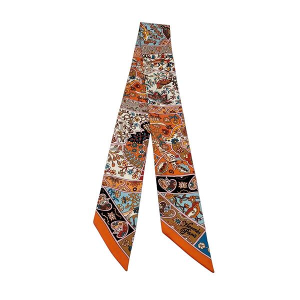 【良品】エルメス HERMES ツイリー Au Pays des Oiseaux Fleurs 花咲く鳥たちの国で スカーフ オレンジ ブラウン シルク ツイリースカーフ