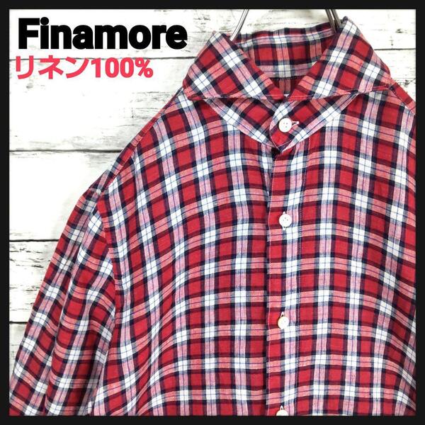 美品【リネン100%】フィナモレ ホリゾンタルブロックチェックシャツ イタリア製 夏シャツ