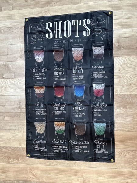 ショット メニュー 特大フラッグ バナー 約150×90cm タペストリー 旗 ガレージ装飾 お酒 BAR SHOTS オシャレ お部屋の装飾 雑貨