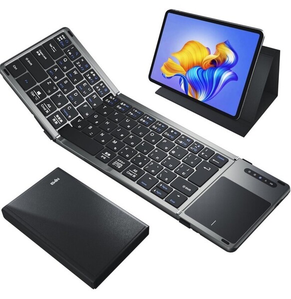 折りたたみ キーボード bluetooth ワイヤレスタッチパッド付き 3台デバイス切替 Type-C充電式 薄型 日本語配列 多機能カバースタンド付き