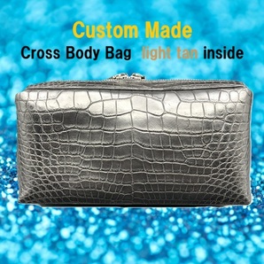 受注生産品 本物クロコ・腹革 シャム クロコダイル クロスボディバッグ ブラック x ライトタン