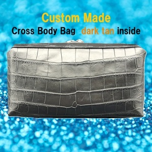 受注生産品 本物クロコ・腹革 シャム クロコダイル クロスボディバッグ ブラック x ダークタン