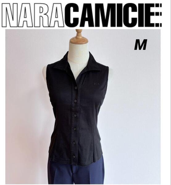 NARACAMICIE ナラカミーチェ ノースリーブ 刺繍ロゴ コットンシャツ カットソー 黒 M