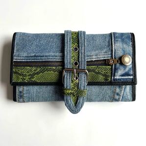 ★送料無料★新品 デニムリメイク財布 ハンドメイド 大容量財布 長財布 パイソン柄 ヘビ柄 ウォレット