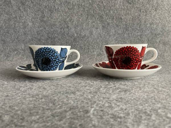 送料込 即決 グスタフスベリ GUSTAVSBERG レッドアスター ブルーアスター コーヒーカップ&ソーサー 2点