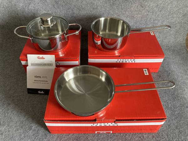 送料込 即決 フィスラー Fissler スナッキー Snacky キャセロール ソースパン フライパン 3点 14cm 16cm 片手鍋 両手鍋 ステンレス IH対応