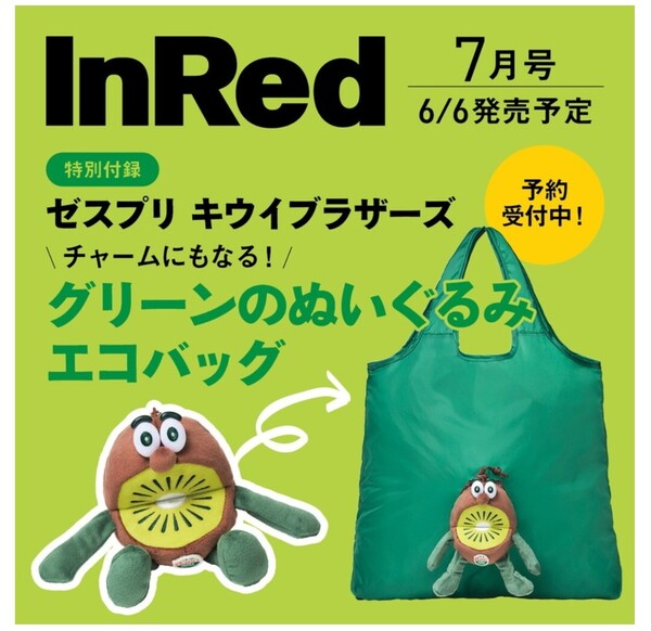 新品 未開封 ゼスプリ キウイブラザーズチャームにもなるグリーンのぬいぐるみエコバッグ InRed 2025年7月号
