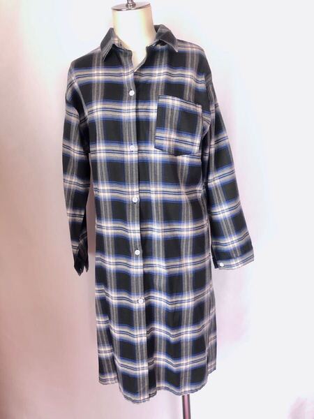 美品長袖ロング丈シャツワンピースブラウス着丈95cm2XL3L♪青ブルーネイビー黄色白チェック素材タグなし多分綿化繊混紡素材チュニック