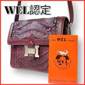 送料無料 高級 クロコダイル革 WEL認定 ショルダーバッグ ポーチ 赤 えんじ 本革