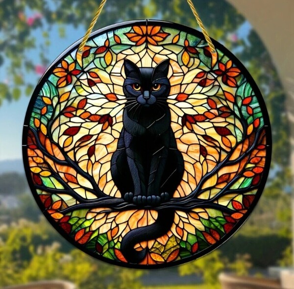 猫の壁掛け ステンドグラス風 月明かりの黒猫 猫の雑貨 HANAKO サンキャッチャー