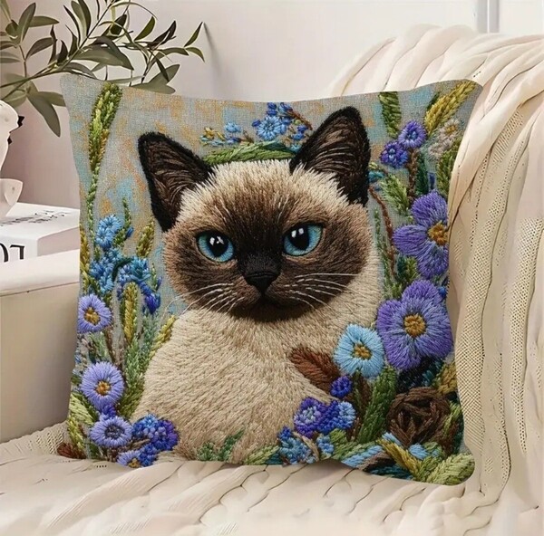 クッションカバー シャム猫E 刺繍風 45cm 猫の雑貨 HANAKO