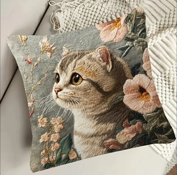 クッションカバー 猫Y スコ 刺繍風 45cm 猫の雑貨 HANAKO