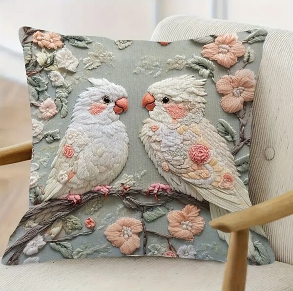 クッションカバー オカメインコJ 刺繍 45cm 鳥の雑貨 HANAKO