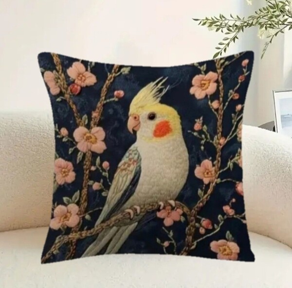 クッションカバー オカメインコP 刺繍風 45cm 鳥の雑貨 HANAKO