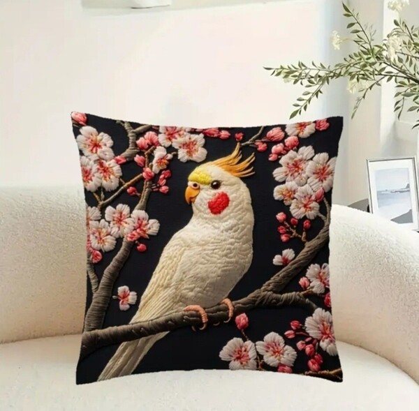 クッションカバー オカメインコN 刺繍風 45cm 鳥の雑貨 HANAKO