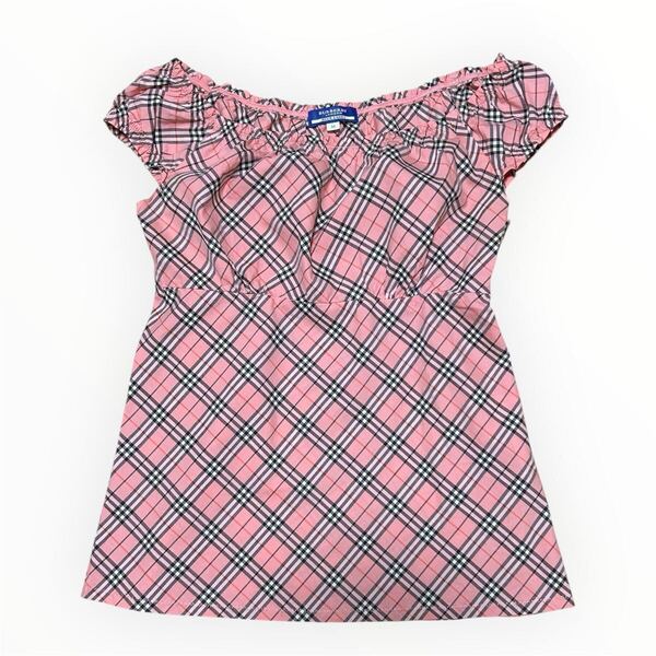 美品 BURBERRY BLUE LABEL ノバチェック カットソー 38 バーバリーブルーレーベル ピンク ギャザー 半袖