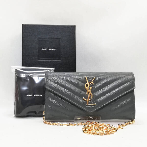 【良品】サンローラン 長財布 マテラッセ フラップウォレット キャビア グレー ゴールド金具 チェーンショルダー【送料無料】993