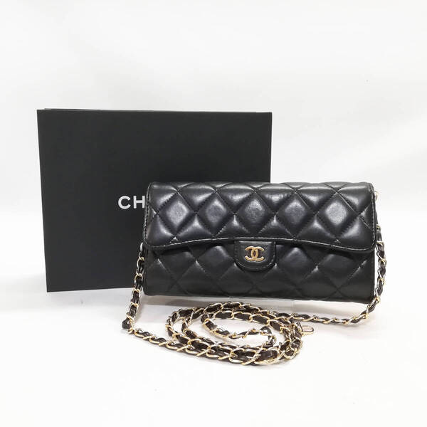 【美品級】CHANEL(シャネル)ラムスキン マトラッセ 長財布 黒(ブラック) チェーンウォレット ゴールド金具 【送料無料】309