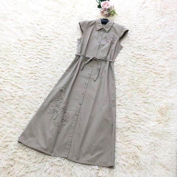 美品LAURA ASHLEY ローラアシュレイ マキシ丈シャツワンピース ロング フラワーモチーフ ベルト 9 ベージュ M