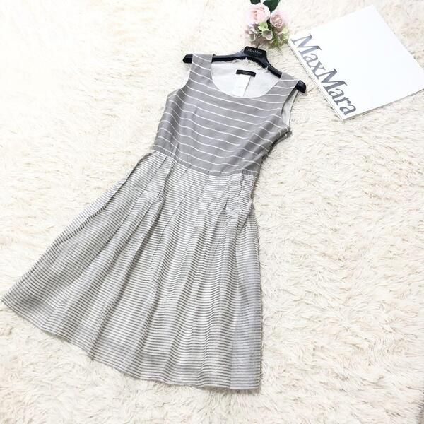 Weekend maxmara ウィークエンドマックスマーラ 大きいサイズ シルク混ボーダーワンピース Aライン グレー 42 XL