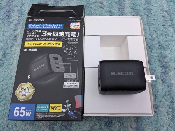 ◎0706u1637 エレコム(ELECOM) 充電器 Type-C 3ポート USB-C×2 USB-A×1 65W PD対応 折りたたみ式プラグ GaN採用 ブラック ACDC-PD4465BK