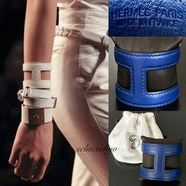 【E4476】超美品!稀少品 HERMES エルメス《Ano アノー》最高級レザー!H型 バングル ブレスレット ワイド仕様 超美色ブルー!入手困難品