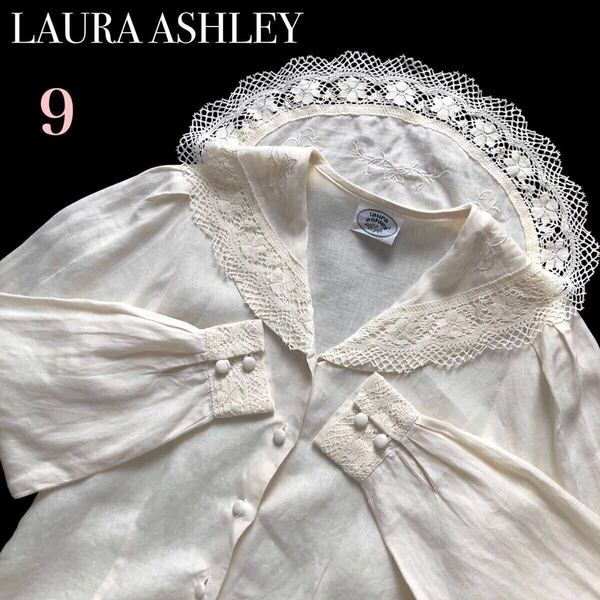 LAURA ASHLEY ローラアシュレイ ヴィンテージ リネン 麻 ブラウス 花柄刺繍 レース衿 セーラーカラー シャツ 長袖 レトロ Mサイズ9号