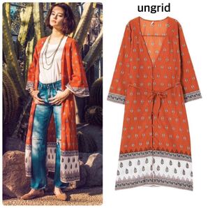 ungrid アングリッド エスニック柄ロングガウン ワンピース 羽織り コットン綿100% フリーサイズ 長袖 ウエストリボン紐 オレンジ ブラウン