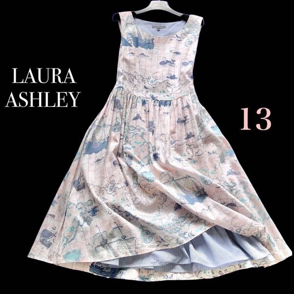 LAURA ASHLEY ローラアシュレイ 地図柄 フレア ワンピース ノースリーブ 綿100% コットン ロング ミディ 13号XLサイズLL ピンク マリン