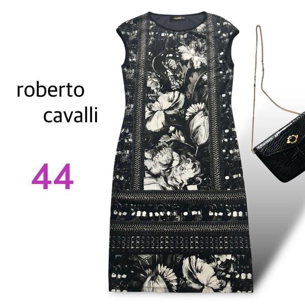 roberto Cavalli ロベルトカヴァリ 花柄 ジャージー ワンピース ロング 膝丈 ブラック 黒 グレー L〜XLサイズ44 イタリア製 ノースリーブ