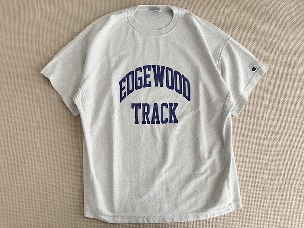 即決 Mサイズ Champion REVERSE WEAVE ヘビーウェイト ワイドシルエット Tシャツ ライトグレー EDGEWOOD TRACK ネイビー染み込み