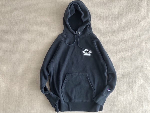 即決 別注品 復刻 青タグ XLサイズ Champion REVERSE WEAVE ラグラン プルオーバー パーカー フェード 黒 MARYLAND メリーランド