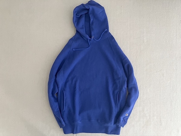 即決 別注品 復刻 青タグ Champion REVERSE WEAVE ビックシルエット プルオーバー パーカー Mサイズ フード刺繍 パープルっぽいネイビー